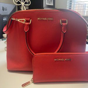 Michael Kors Cindy Large Dome Satchel Purse & Wallet Mandarin Orange